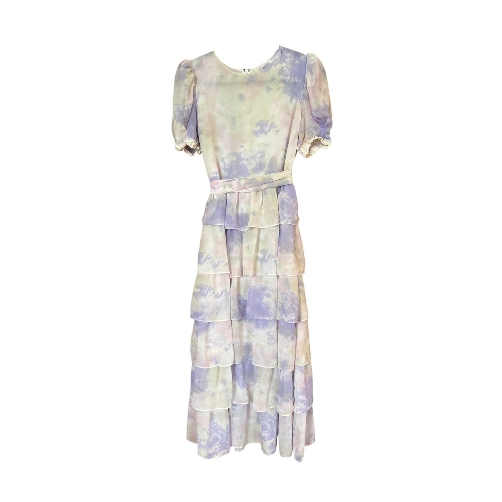 Free The Roses Midi Dress Women Purple Tie Dye Tiered Ruffle Boho SIZE S